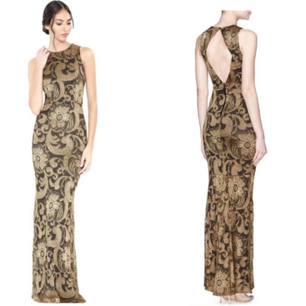 Alice + Olivia Roxie Gold Lace Formal Dress size 0 Long Gown Open Back Glam